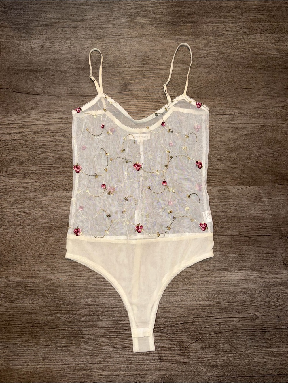 Honey Punch Sheer Embroidered Floral Bodysuit - White with Pink Accents